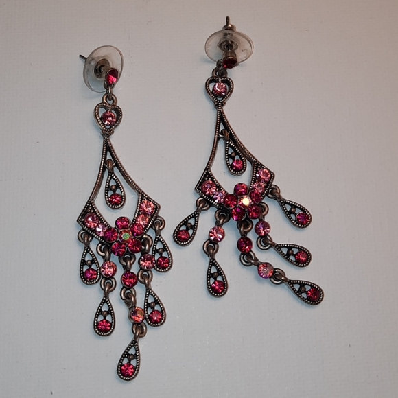 Pink dangle rhinestone earrings silver tone - Picture 2 of 4